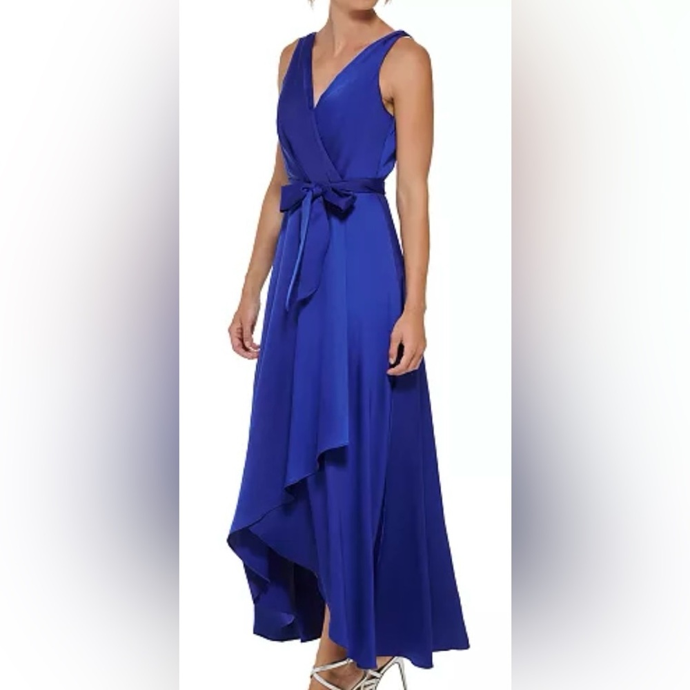 NWT: DKNY Women's Satin V-Neck Belted Faux-Wrap Gown